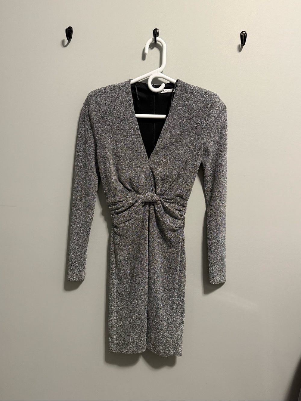 Zara Sparkle Silver Knot-Front Long-Sleeve Dress